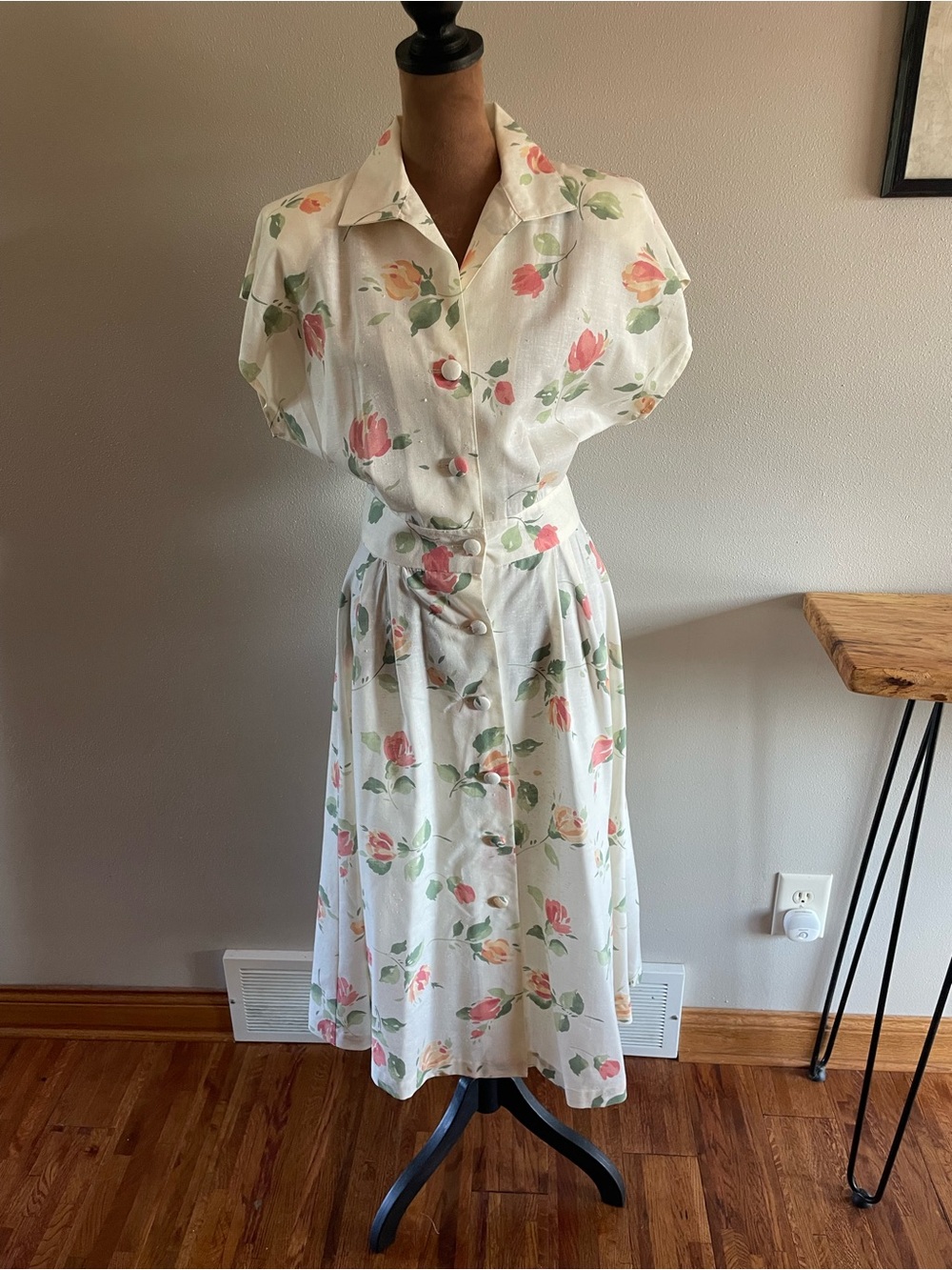 Vintage White Midi Dress with Pink & Green Floral Print